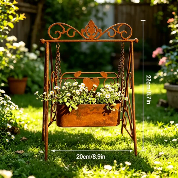 Distressed Rust Swing Frame Plant Holder, Decorative Heart Ornament Metal Planter for Outdoor Lawn Farmhouse Yard Art Decoration