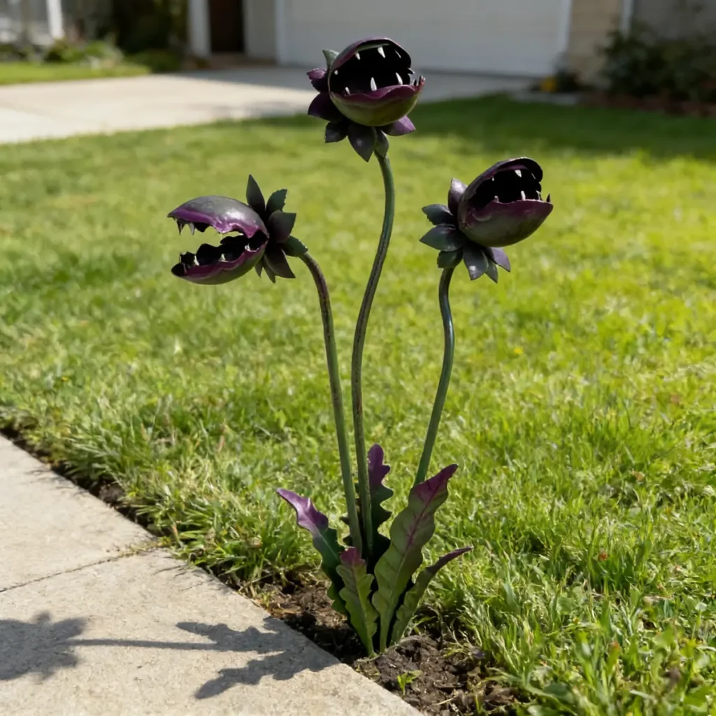 [3D] Garden Decor Stake - 1pc Metal 3-Headed Venus Flytrap Stake, Realistic Venus Flytrap with Opening Mouth and Fangs, for Courtyard, Garden, Porch, Halloween Decoration, Fantasy-Style Spooky Atmosphere Setup