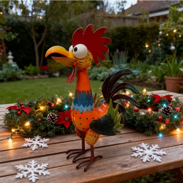Colorful Hand Painted Metal Rooster Garden Statue, Farmhouse Rustic Iron Chicken Yard Art Decor for Outdoor Lawn Patio Backyard