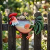 Colorful Hand Painted Rooster Shaped Metal Wall Planter, Farmhouse Fence Hanging Chicken Flower Pot for Outdoor Garden Yard Decor