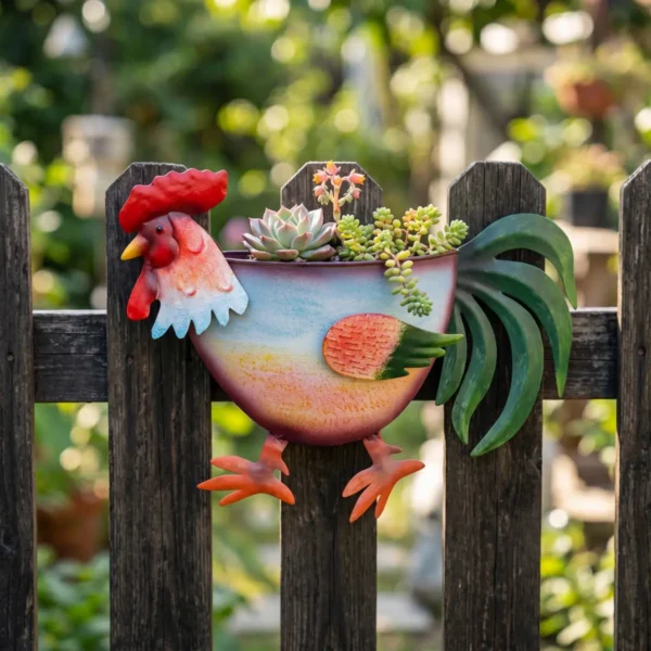 Colorful Hand Painted Rooster Shaped Metal Wall Planter, Farmhouse Fence Hanging Chicken Flower Pot for Outdoor Garden Yard Decor