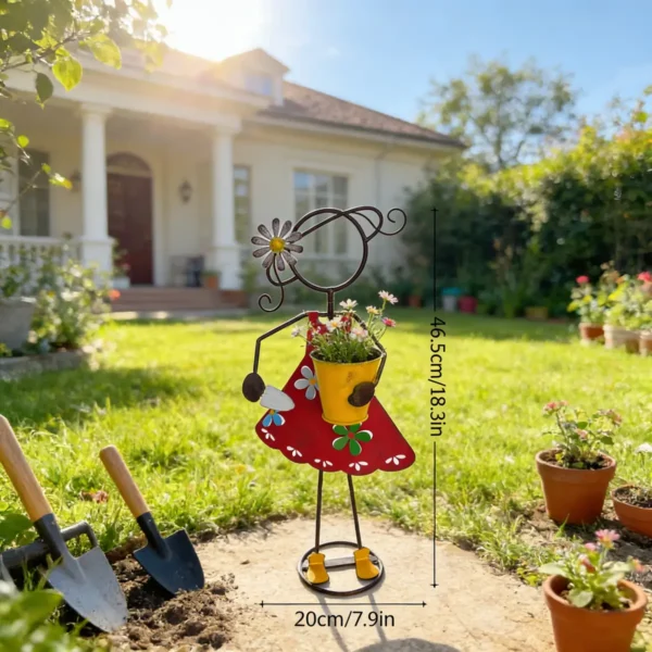 Outdoor Standing Metal Girl Gardening Statue Planter, Hand Painted Iron Flower Pot Holder for Farmhouse Lawn Patio Yard Decoration