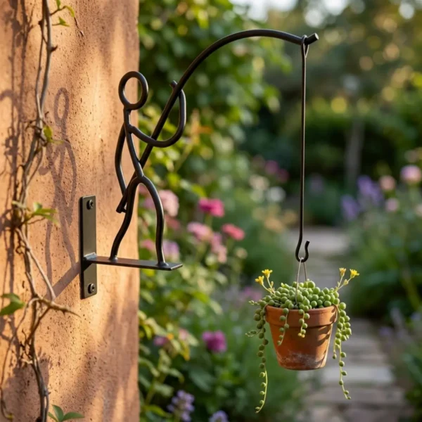Funny Little Man Fishing Design Wall Mount Plant Hook, Black Metal Hanging Flower Pot Bracket for Patio Yard Home Wall Decoration