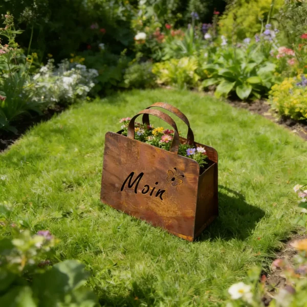 Outdoor Rust Finish Metal Handbag Flower Planter, Decorative Tote Planter Pot for Backyard Patio Farmhouse Garden Home Decor