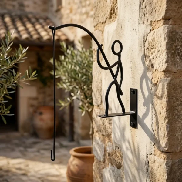 Funny Little Man Fishing Design Wall Mount Plant Hook, Black Metal Hanging Flower Pot Bracket for Patio Yard Home Wall Decoration