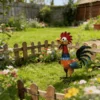 Colorful Hand Painted Metal Rooster Garden Statue, Farmhouse Rustic Iron Chicken Yard Art Decor for Outdoor Lawn Patio Backyard