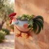 Colorful Hand Painted Rooster Shaped Metal Wall Planter, Farmhouse Fence Hanging Chicken Flower Pot for Outdoor Garden Yard Decor