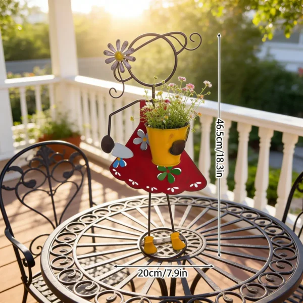 Outdoor Standing Metal Girl Gardening Statue Planter, Hand Painted Iron Flower Pot Holder for Farmhouse Lawn Patio Yard Decoration