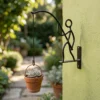 Funny Little Man Fishing Design Wall Mount Plant Hook, Black Metal Hanging Flower Pot Bracket for Patio Yard Home Wall Decoration