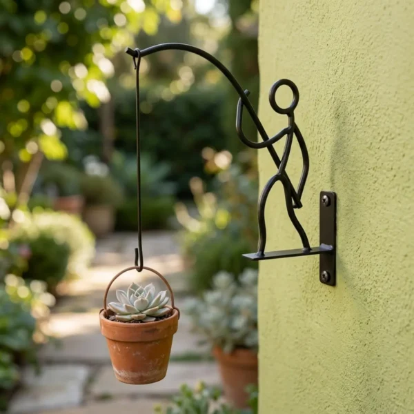 Funny Little Man Fishing Design Wall Mount Plant Hook, Black Metal Hanging Flower Pot Bracket for Patio Yard Home Wall Decoration