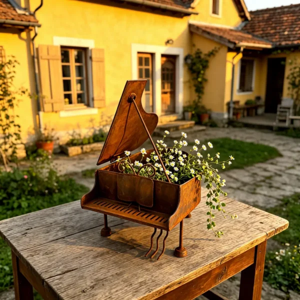 Creative Piano Shaped Distressed Metal Planter Box, Rustic Musical Themed Flower Pot for Garden Patio Balcony Home Decor Gift