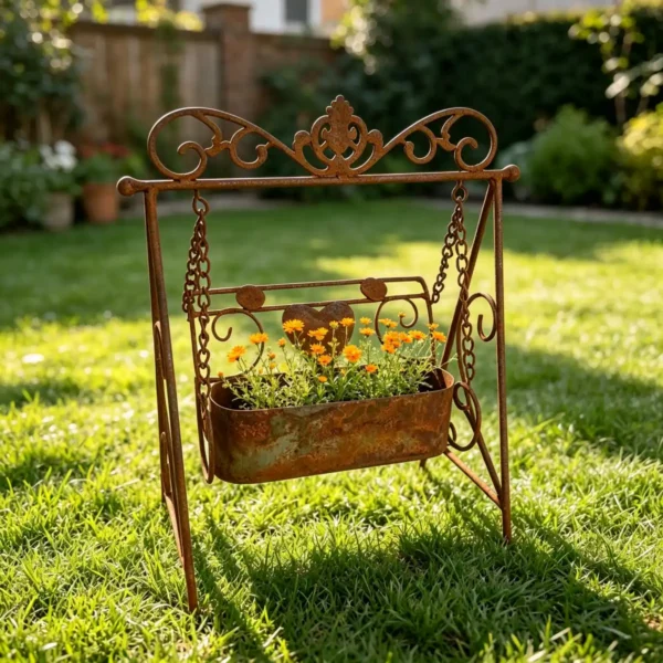 Distressed Rust Swing Frame Plant Holder, Decorative Heart Ornament Metal Planter for Outdoor Lawn Farmhouse Yard Art Decoration
