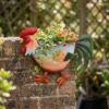 Colorful Hand Painted Rooster Shaped Metal Wall Planter, Farmhouse Fence Hanging Chicken Flower Pot for Outdoor Garden Yard Decor
