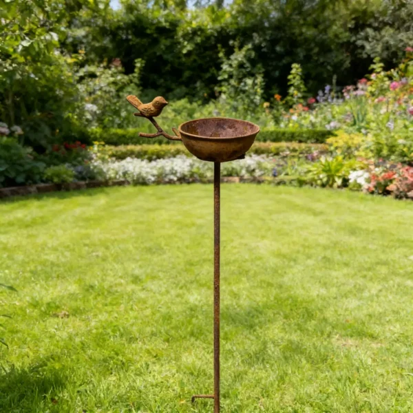 Rust Bird Water Bowl Stake