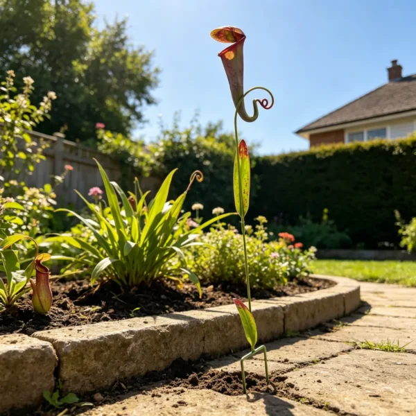 Halloween Pitcher Plant Garden Stake, Hand-Painted Metal Carnivorous Flower Yard Art for Outdoor Lawn and Pathway Decor