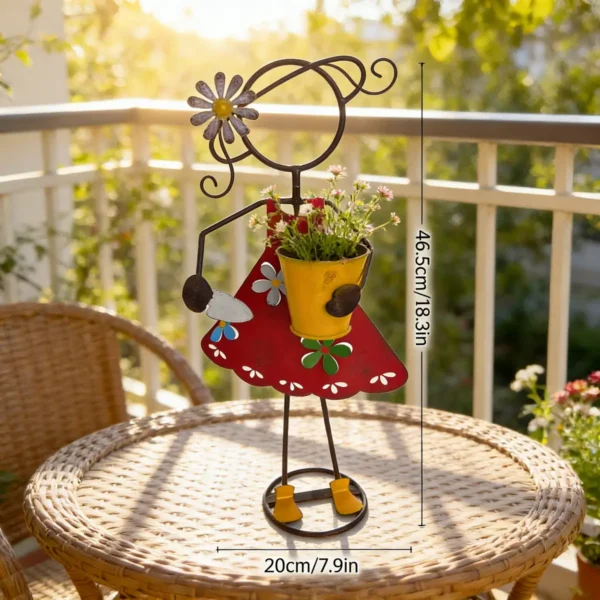 Outdoor Standing Metal Girl Gardening Statue Planter, Hand Painted Iron Flower Pot Holder for Farmhouse Lawn Patio Yard Decoration