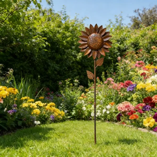 [2.5D] Distressed Iron Sunflower Flower Stake, Courtyard Lawn Decorative Ornament, Outdoor Garden Decor Ground Insert