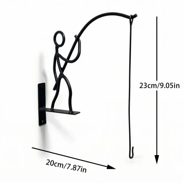 Funny Little Man Fishing Design Wall Mount Plant Hook, Black Metal Hanging Flower Pot Bracket for Patio Yard Home Wall Decoration