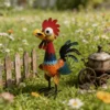 Colorful Hand Painted Metal Rooster Garden Statue, Farmhouse Rustic Iron Chicken Yard Art Decor for Outdoor Lawn Patio Backyard