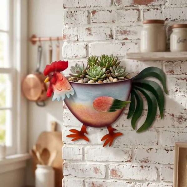 Colorful Hand Painted Rooster Shaped Metal Wall Planter, Farmhouse Fence Hanging Chicken Flower Pot for Outdoor Garden Yard Decor