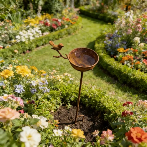 Rust Bird Water Bowl Stake