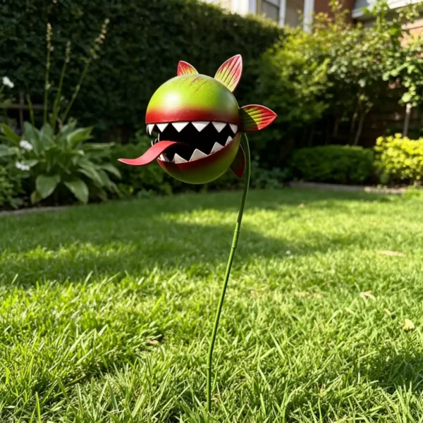 a4 Hand Painted Metal Man-Eating Flower Garden Stake, Funny Carnivorous Plant Yard Art Ornament for Outdoor Lawn Halloween Garden Decor
