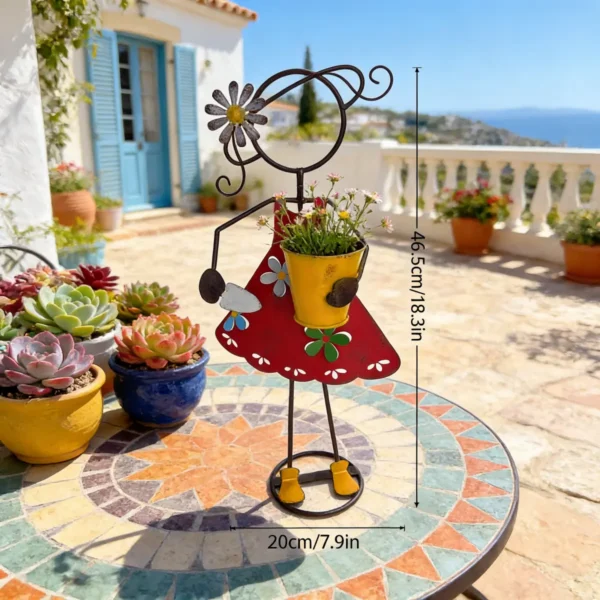 Outdoor Standing Metal Girl Gardening Statue Planter, Hand Painted Iron Flower Pot Holder for Farmhouse Lawn Patio Yard Decoration
