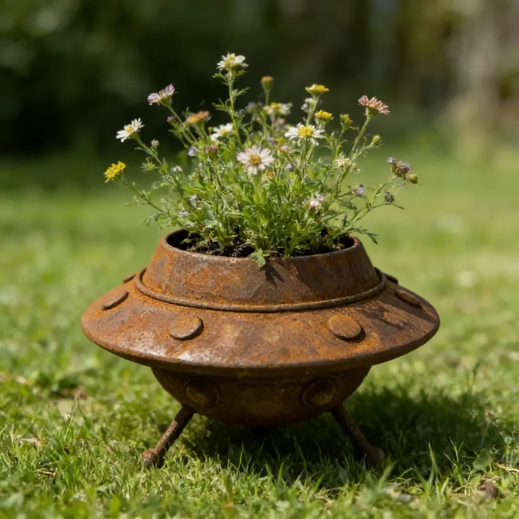 Distressed Wrought Iron UFO Planter, 3-Legged Rusty Flying Saucer Flower Pot for Outdoor Lawn Vintage Home Garden Decor