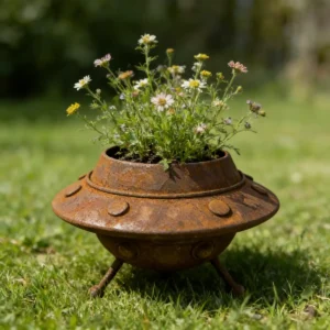 Distressed Wrought Iron UFO Planter, 3-Legged Rusty Flying Saucer Flower Pot for Outdoor Lawn Vintage Home Garden Decor