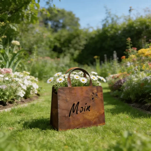 Outdoor Rust Finish Metal Handbag Flower Planter, Decorative Tote Planter Pot for Backyard Patio Farmhouse Garden Home Decor
