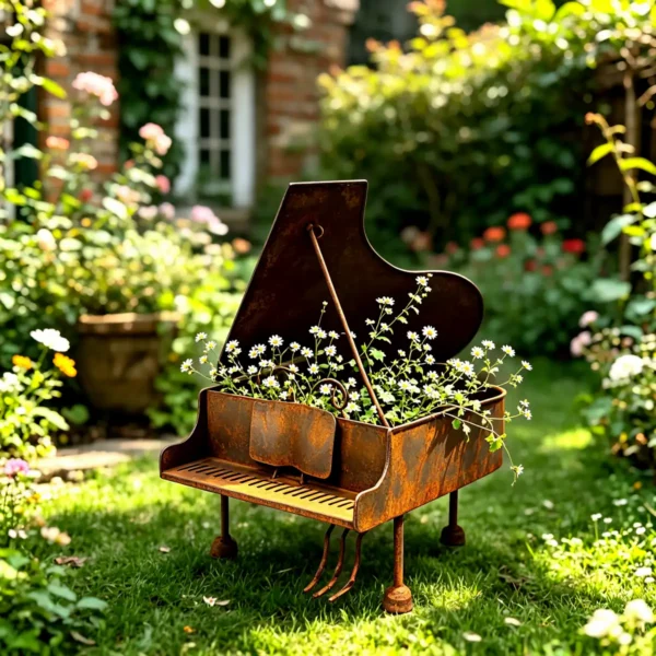 Creative Piano Shaped Distressed Metal Planter Box, Rustic Musical Themed Flower Pot for Garden Patio Balcony Home Decor Gift