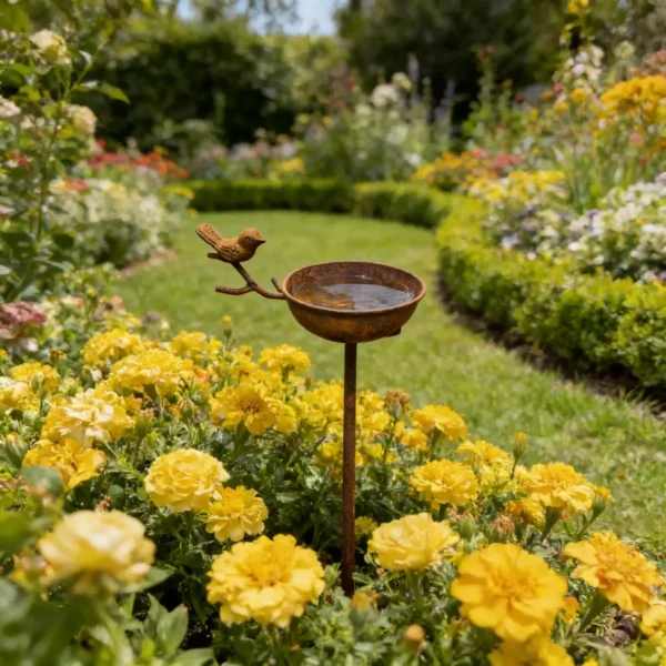 Rust Bird Water Bowl Stake