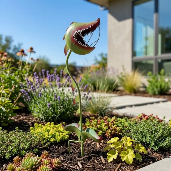 Giant Halloween Man-Eating Flower Garden Stake, Funny Metal Carnivorous Plant Yard Ornament for Backyard and Flower Bed Decor