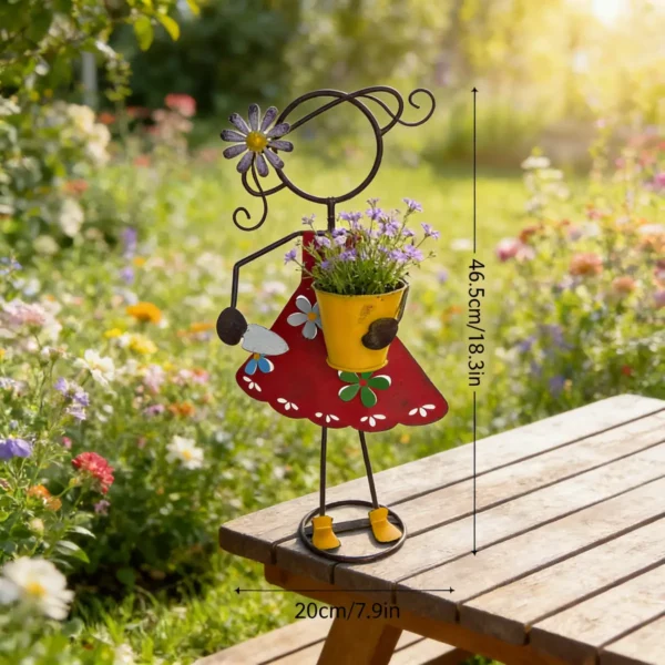 Outdoor Standing Metal Girl Gardening Statue Planter, Hand Painted Iron Flower Pot Holder for Farmhouse Lawn Patio Yard Decoration