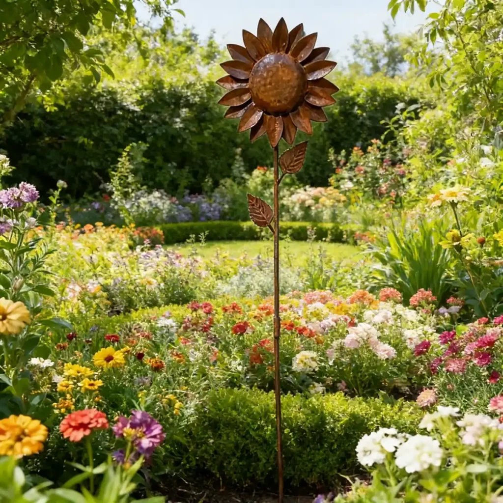 [2.5D] Distressed Iron Sunflower Flower Stake, Courtyard Lawn Decorative Ornament, Outdoor Garden Decor Ground Insert