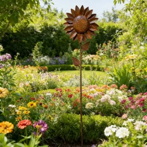 [2.5D] Distressed Iron Sunflower Flower Stake, Courtyard Lawn Decorative Ornament, Outdoor Garden Decor Ground Insert