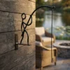Funny Little Man Fishing Design Wall Mount Plant Hook, Black Metal Hanging Flower Pot Bracket for Patio Yard Home Wall Decoration
