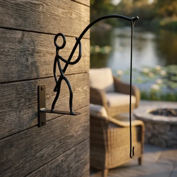Funny Little Man Fishing Design Wall Mount Plant Hook, Black Metal Hanging Flower Pot Bracket for Patio Yard Home Wall Decoration