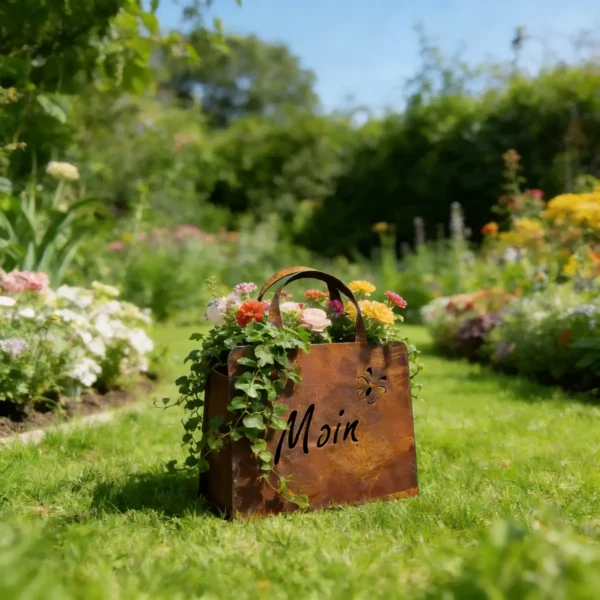 Outdoor Rust Finish Metal Handbag Flower Planter, Decorative Tote Planter Pot for Backyard Patio Farmhouse Garden Home Decor