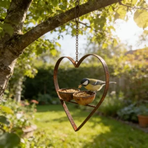 Rustic Heart Shaped Hanging Bird Feeder, Vintage Distressed Metal Wild Bird Seed Feeder for Outdoor Garden Yard Tree Decor