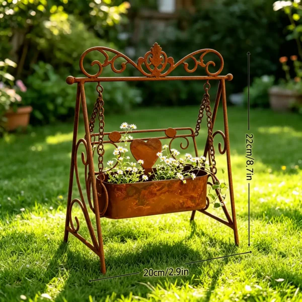 Distressed Rust Swing Frame Plant Holder, Decorative Heart Ornament Metal Planter for Outdoor Lawn Farmhouse Yard Art Decoration