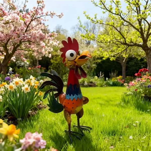 Colorful Hand Painted Metal Rooster Garden Statue, Farmhouse Rustic Iron Chicken Yard Art Decor for Outdoor Lawn Patio Backyard