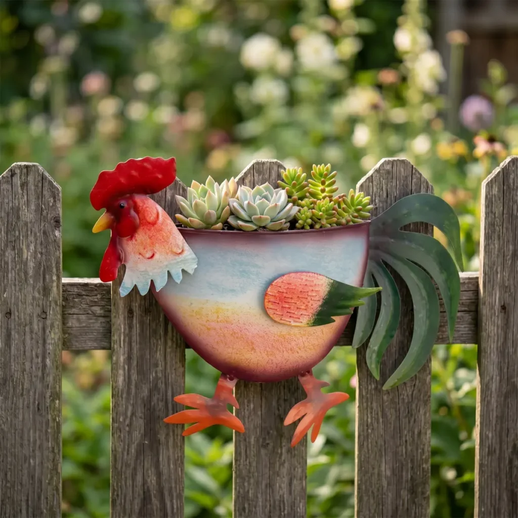 Colorful Hand Painted Rooster Shaped Metal Wall Planter, Farmhouse Fence Hanging Chicken Flower Pot for Outdoor Garden Yard Decor