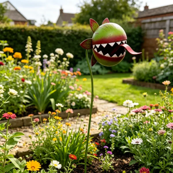 a6 Hand Painted Metal Man-Eating Flower Garden Stake, Funny Carnivorous Plant Yard Art Ornament for Outdoor Lawn Halloween Garden Decor