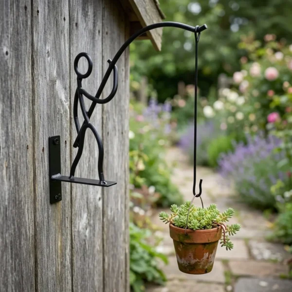 Funny Little Man Fishing Design Wall Mount Plant Hook, Black Metal Hanging Flower Pot Bracket for Patio Yard Home Wall Decoration