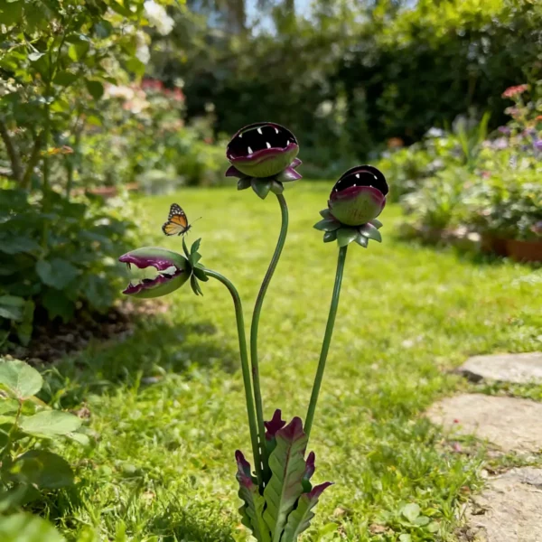 3-Headed Metal Venus Flytrap Garden Stake, Rust Finish Halloween Carnivorous Plant Yard Art for Outdoor Lawn Decor