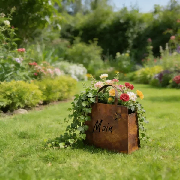 Outdoor Rust Finish Metal Handbag Flower Planter, Decorative Tote Planter Pot for Backyard Patio Farmhouse Garden Home Decor