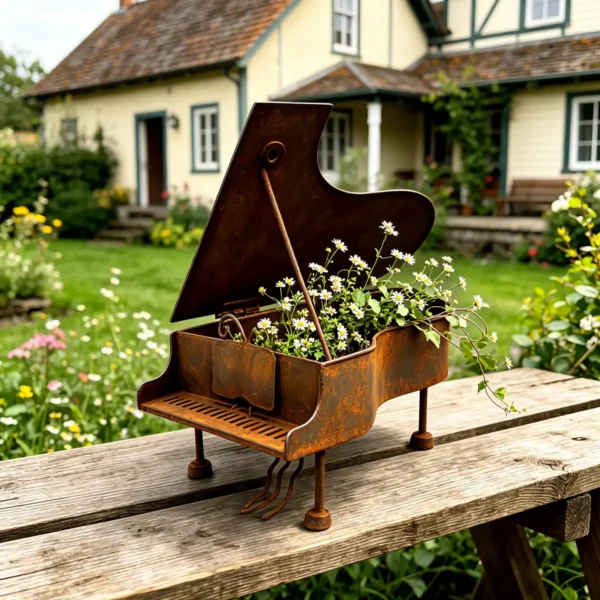Creative Piano Shaped Distressed Metal Planter Box, Rustic Musical Themed Flower Pot for Garden Patio Balcony Home Decor Gift