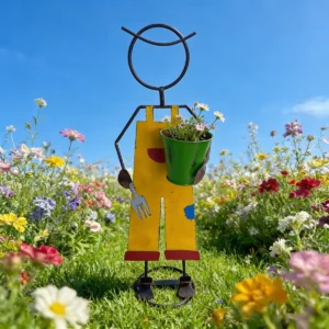 Vintage Iron Wrought Painted Planter with Gardener Holding Flowers, Floor-standing, Human-shaped, for Garden and Courtyard, Floor Display, Vintage Style, Collectible Gardening Gift,home Decor