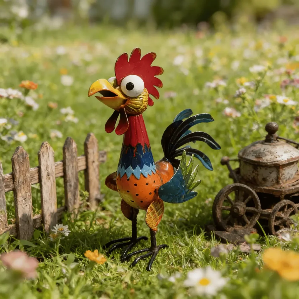 Colorful Hand Painted Metal Rooster Garden Statue, Farmhouse Rustic Iron Chicken Yard Art Decor for Outdoor Lawn Patio Backyard